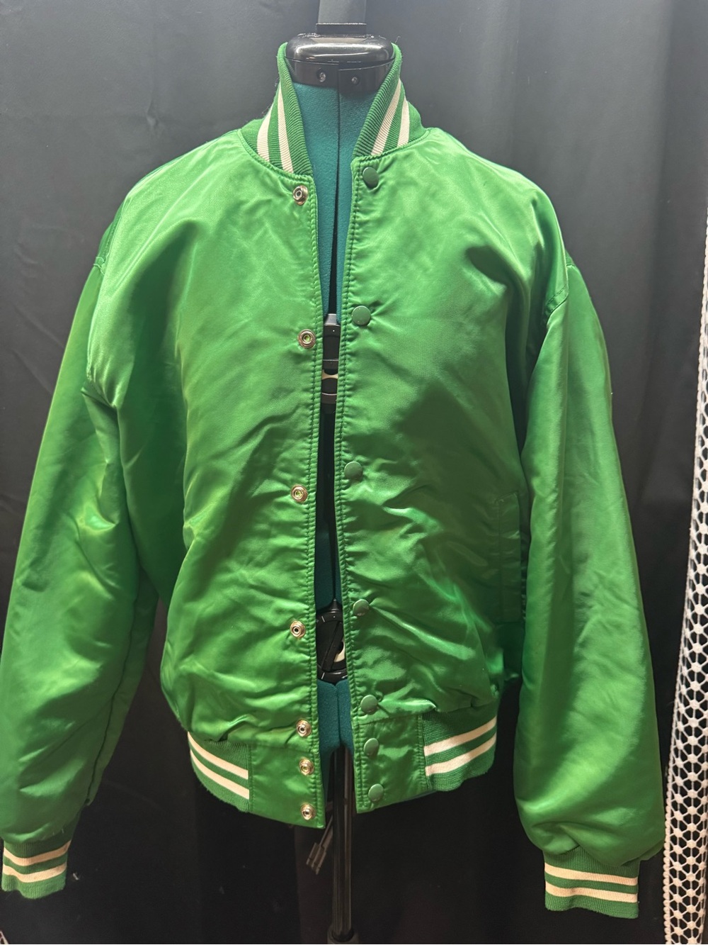 1980’s Satin feel Michigan State Green Varsity Jacket with Striped Trim